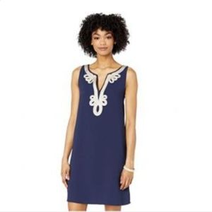 Lands End Blue V-Neck Dress with piping applique on collar
